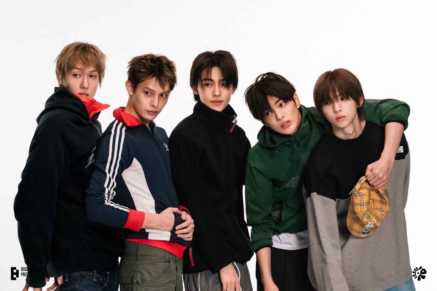 The five members of CORTIS, Martin, James, Juhoon, Seonghyeon and Keonho, photographed together for BIGHIT MUSIC