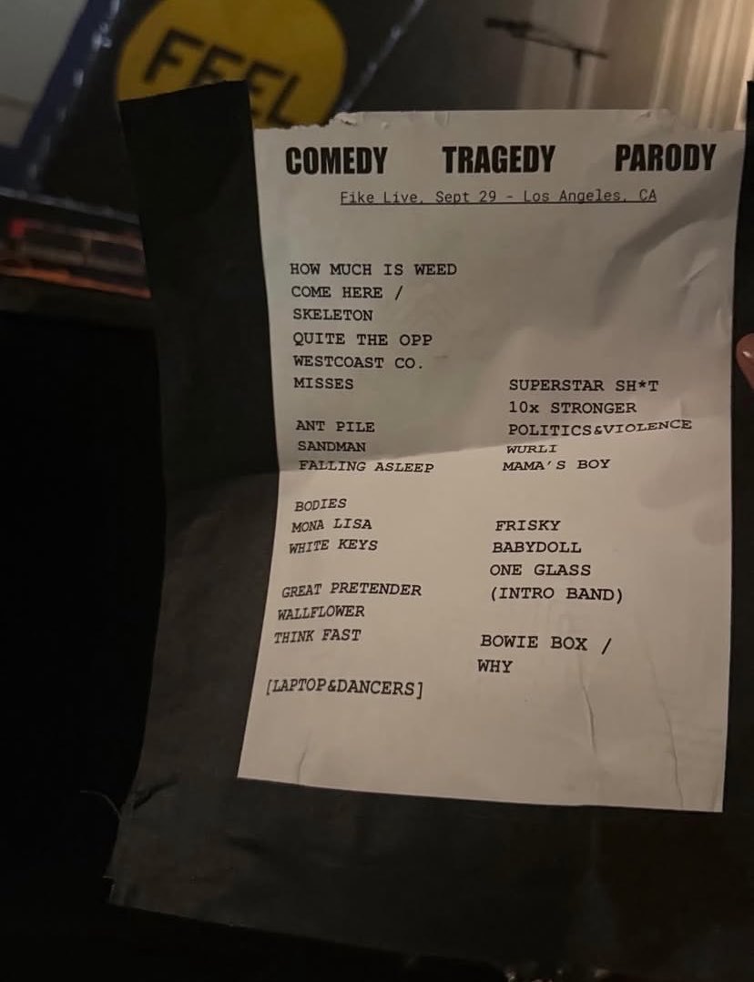 Dominic Fike setlist for the Comedy Tragedy Parody show in Los Angeles on 29 September 2026, the concert Keonho of CORTIS attended
