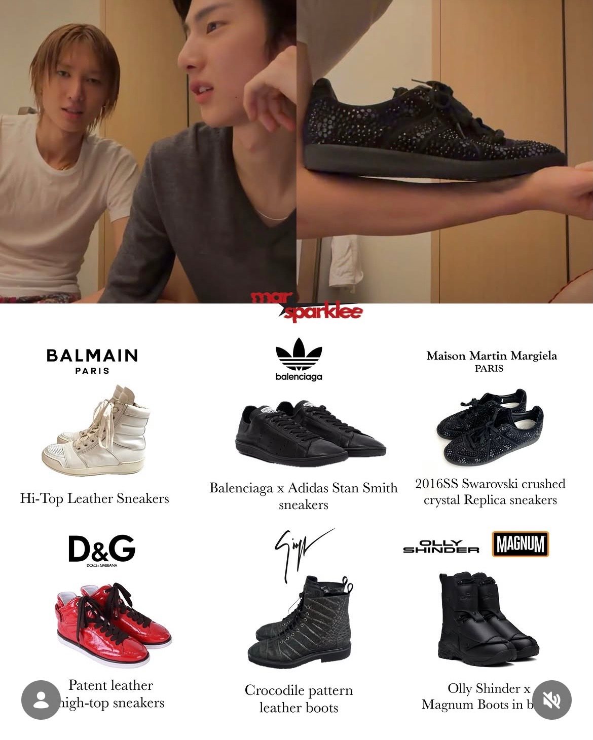Brand breakdown of Martin of CORTIS sneaker collection: Balmain, Balenciaga x adidas, Maison Martin Margiela, Dolce and Gabbana, Giuseppe Zanotti and Olly Shinder x Magnum