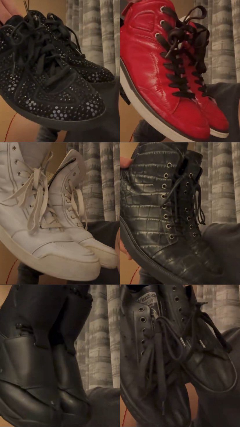 Six pairs from Martin of CORTIS sneaker collection held up on Weverse live, including black crystal sneakers, red patent high tops and black leather boots