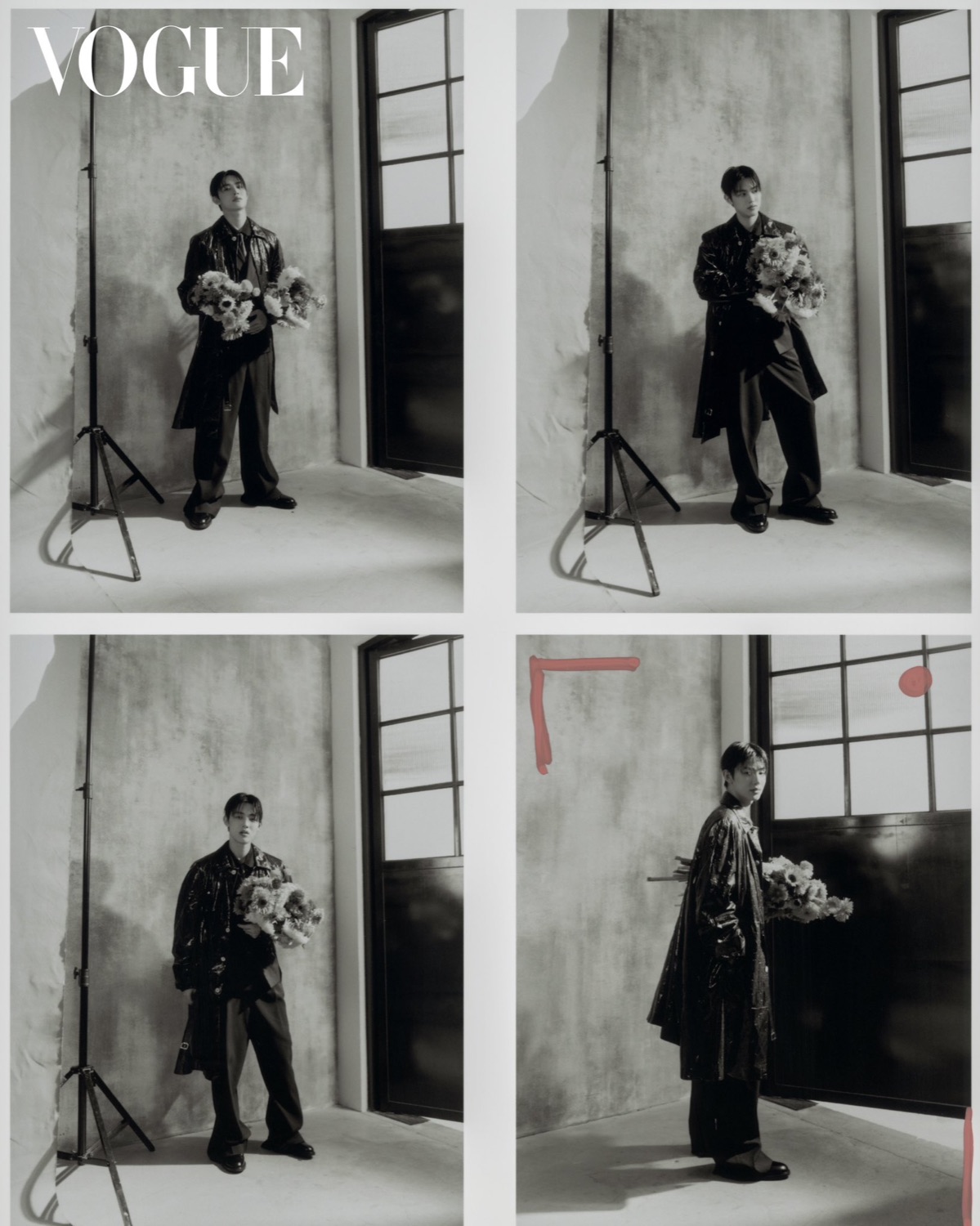 Four black and white frames of Seonghyeon of CORTIS in a long patent coat holding a bouquet of sunflowers