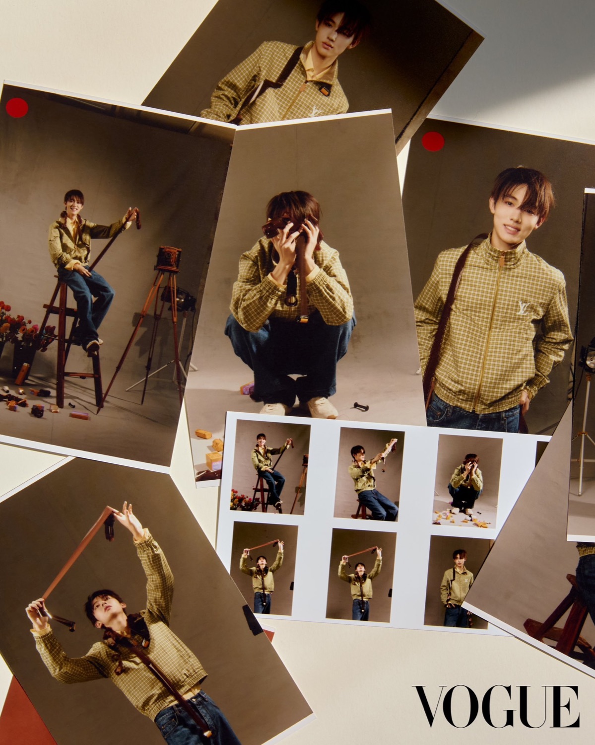 Printed contact sheets of Seonghyeon of CORTIS in a yellow checked Louis Vuitton jacket, shooting with a vintage camera in the studio