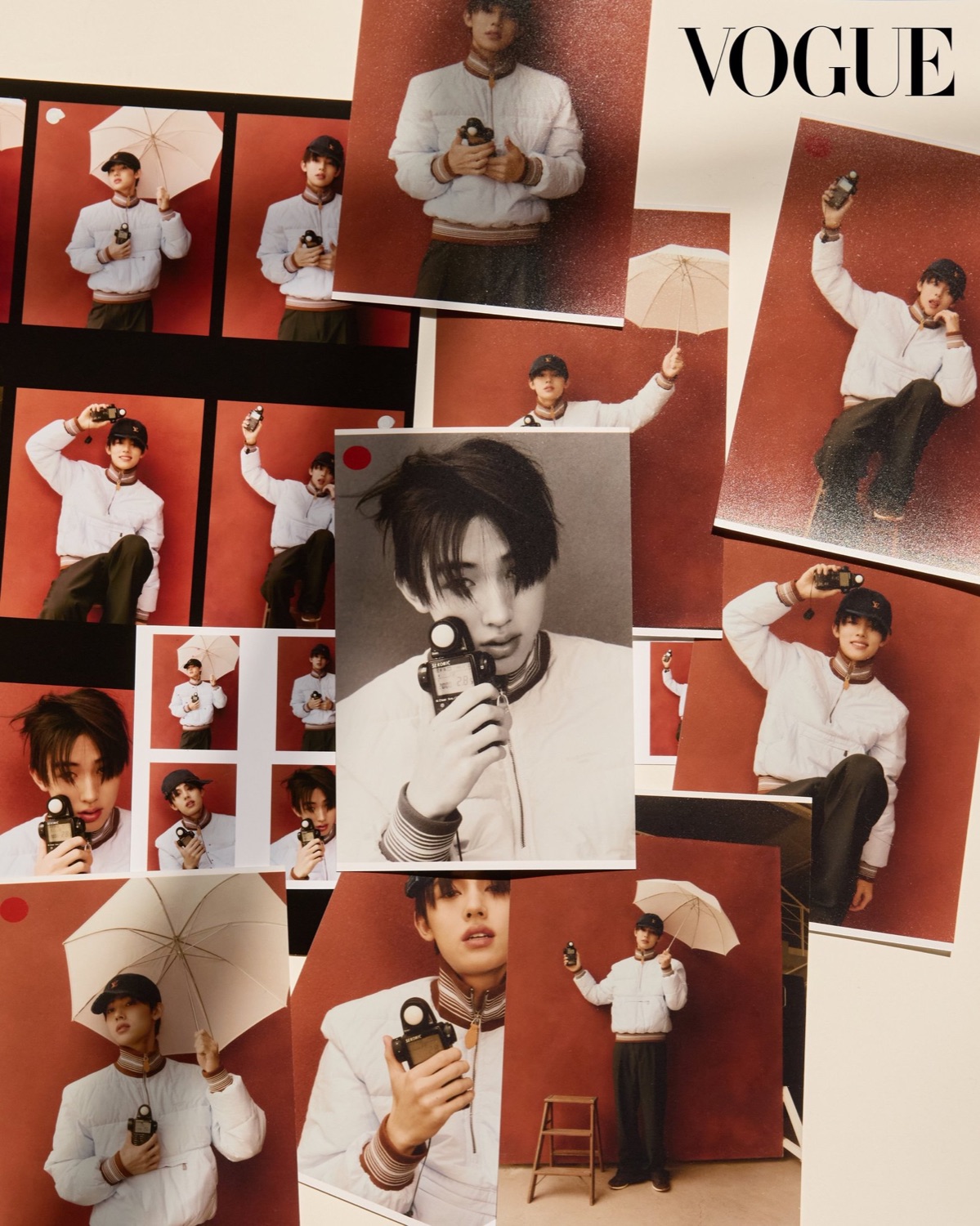 Contact sheets of Seonghyeon of CORTIS in a white puffer jacket on a red backdrop, holding a Sekonic light meter and an umbrella
