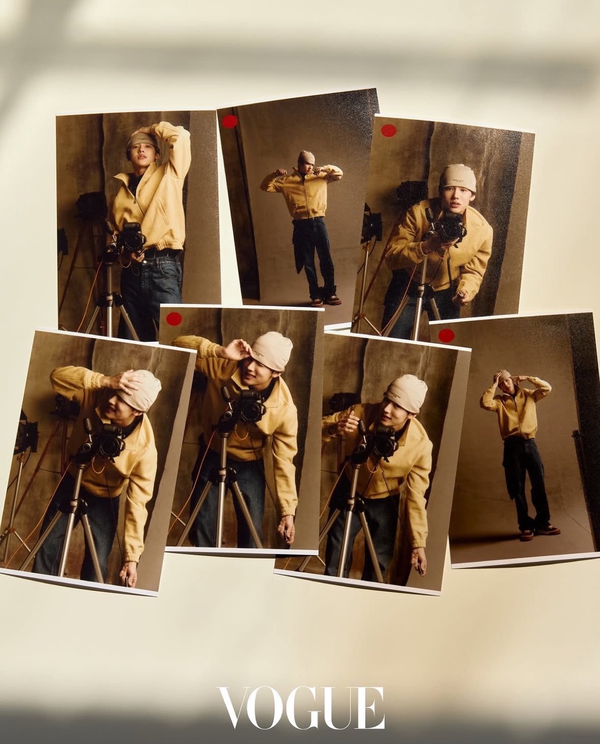 Contact sheets from the Vogue Korea shoot showing Seonghyeon of CORTIS in the yellow Louis Vuitton jacket and beanie behind the camera