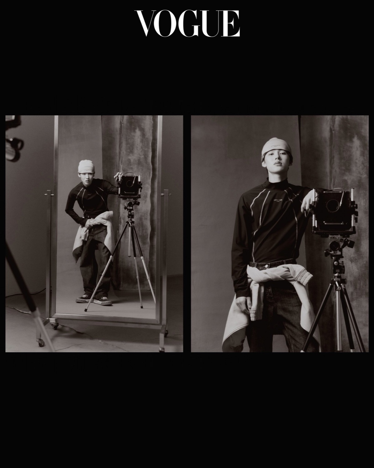 Black and white photographs of Seonghyeon of CORTIS leaning on a large format camera beside a studio mirror