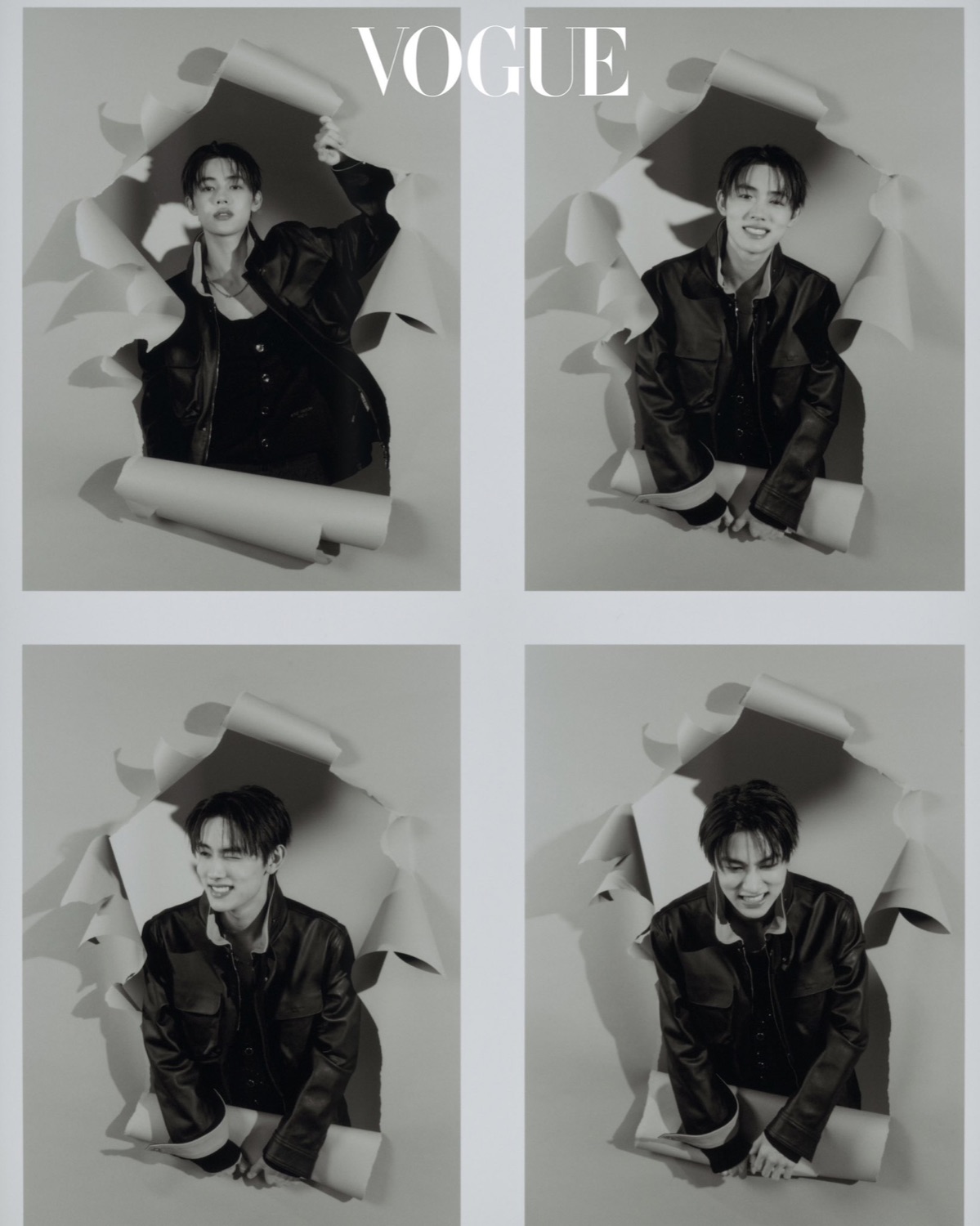 Four black and white frames of Seonghyeon of CORTIS bursting through a torn paper backdrop in a leather Louis Vuitton jacket