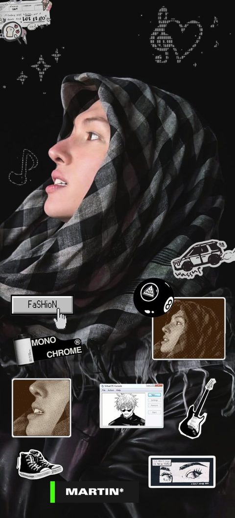 CORTIS Martin phone wallpaper, dark fashion collage with a checked scarf and stickers