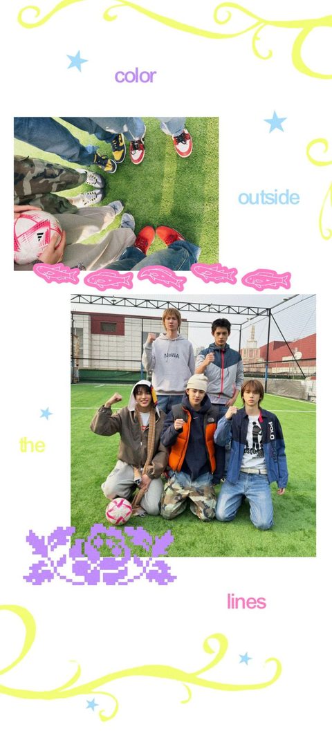 CORTIS phone wallpaper, color outside the lines, the members on a football pitch