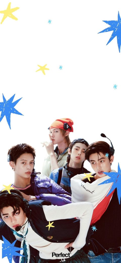 CORTIS phone wallpaper, all five members with blue and yellow stars, Perfect