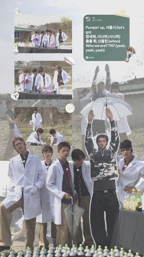 CORTIS TNT phone wallpaper, lab coat photo collage with the song lyrics