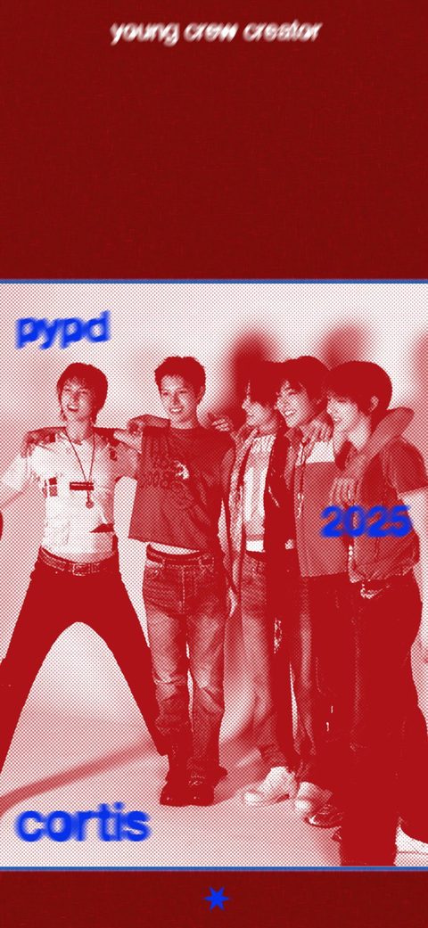 CORTIS phone wallpaper in red halftone, young crew creator, 2025