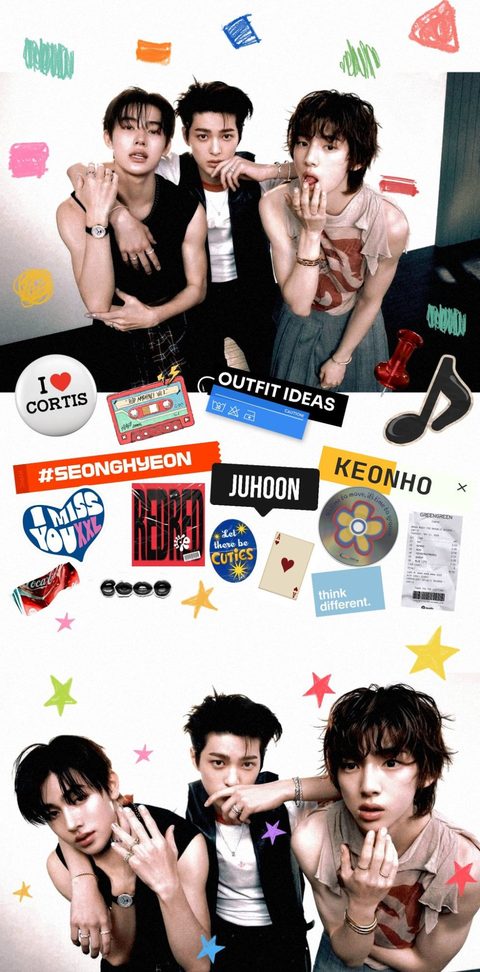 CORTIS phone wallpaper with Seonghyeon, Juhoon and Keonho, outfit ideas sticker collage