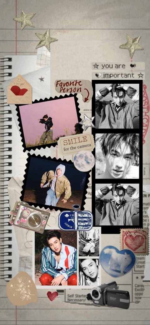 CORTIS Seonghyeon phone wallpaper, scrapbook collage with Polaroids and stickers