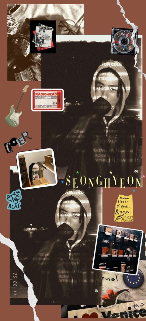 CORTIS Seonghyeon phone wallpaper, brown collage with a Radiohead ticket, a guitar and Polaroids
