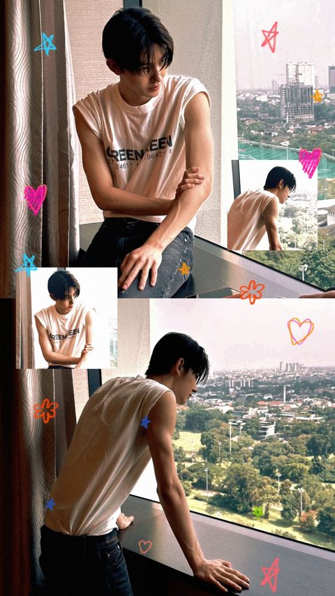 CORTIS Seonghyeon phone wallpaper, window collage with doodled stars and hearts