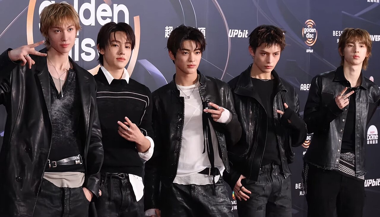CORTIS in black leather on the Golden Disc Awards red carpet