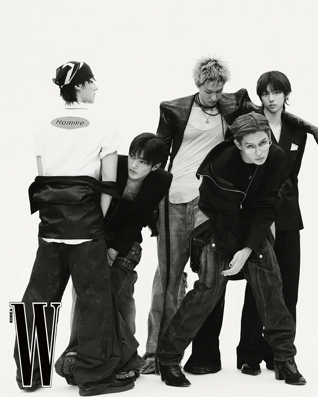 The five members of CORTIS photographed in black and white for W Korea